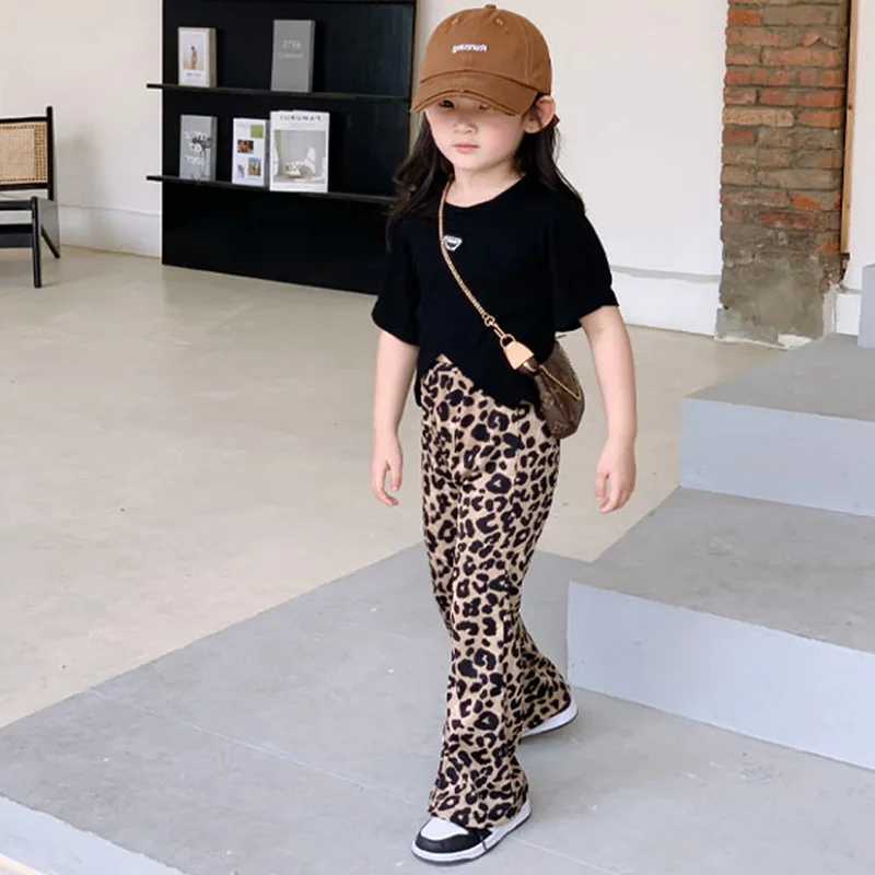 Girls' Short Sleeve SetTLeopard Print Long Pants with Slit25Summer New Foreign Trade Children's Wear Delivery3-8Years Old