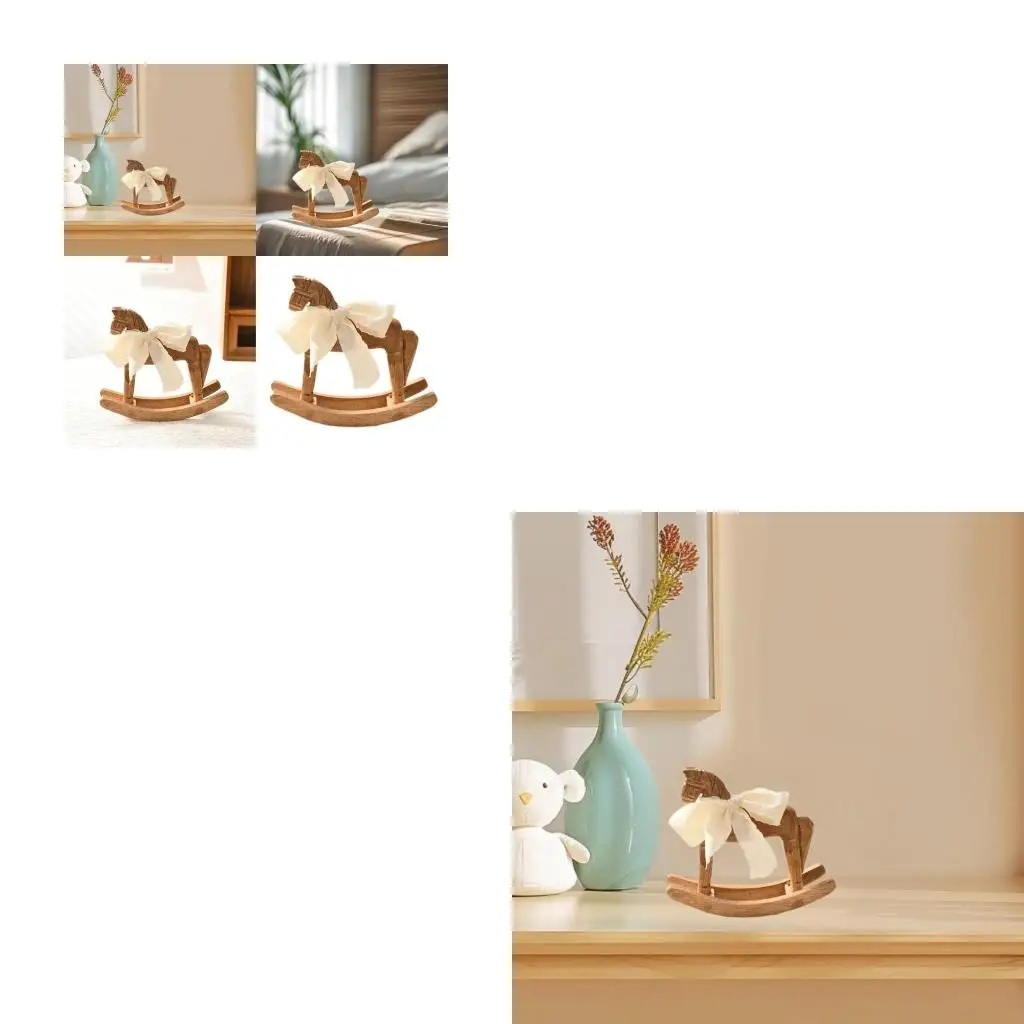  Wooden Rocking Horse Statue with White Ribbon Accent Collectible Ornament for Enhancing Home Aesthetic and Gifting