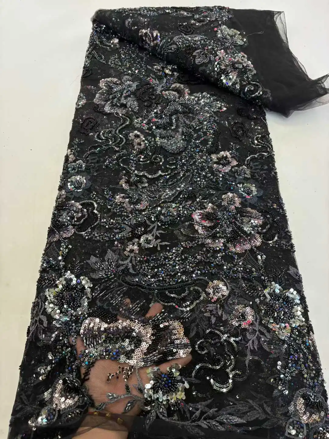 Nigerian 2025 Latest High Quality French Beaded African Embroidery Sequins Tulle Sewing Lace Fabric Party Dresses Sequins 5Yards