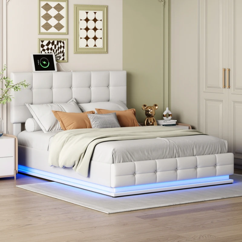 

Platform Bed with Hydraulic Storage System,Queen Size PU LED Lights and USB charger, White