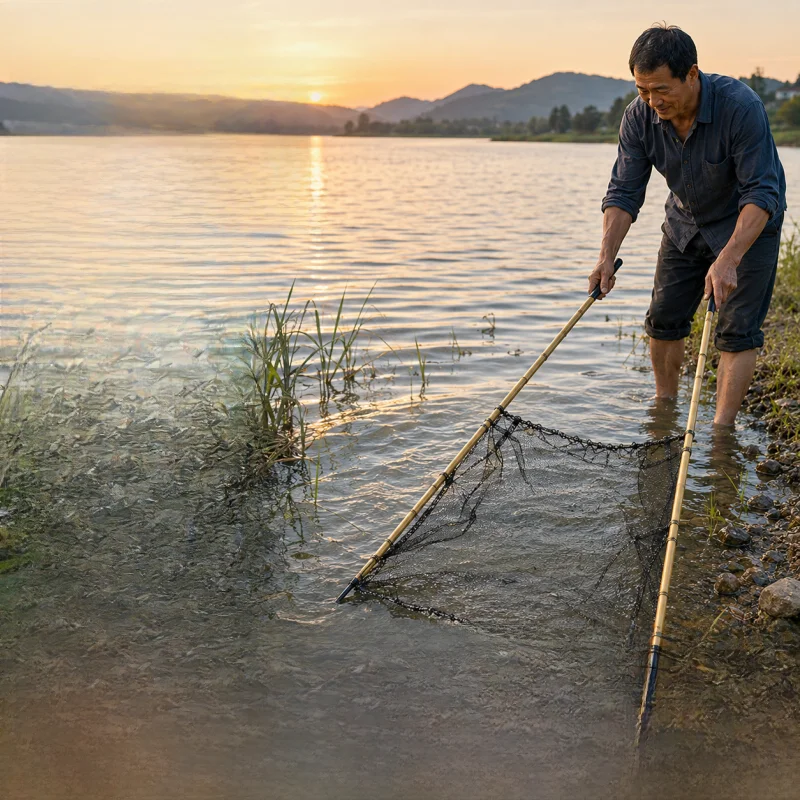 伝統的な手作り漁網、昔ながらのエビ捕り網、魚流し網、カニ捕り網、竹竿プッシュネット、バリアネット
