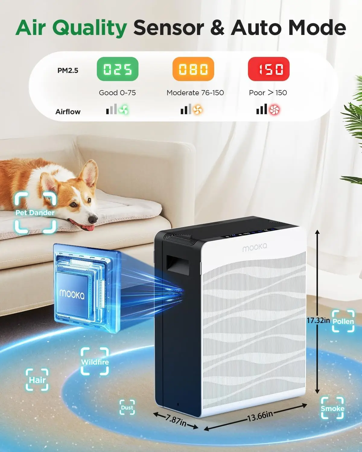 Large Room Air Purifier with Dual-Sided Filtration, PM2.5 Monitor, Washable Filters for Home Office Bedroom