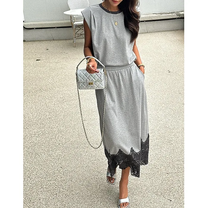 

Fashionable Lace Sleeveless Shoulder Pad Vest And Skirt Set Women's Summer New Hollow out Design Two-Piece Outfit