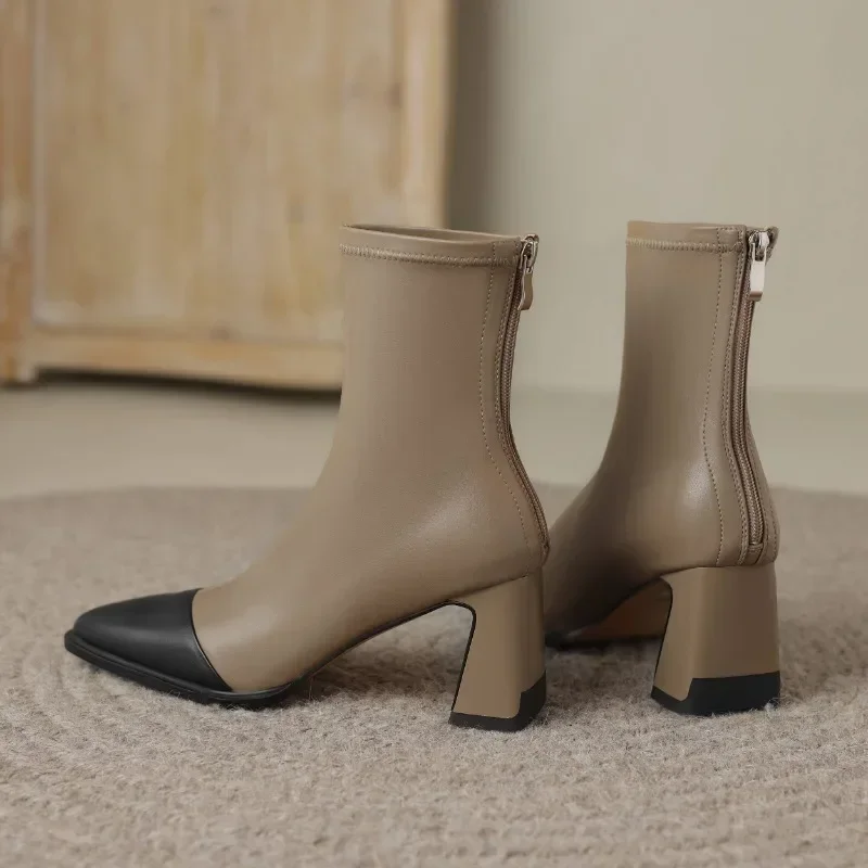 2023 New Style Sells Well  Leather Square Toe High Heels Fashion Modern  Boots All-match Mixed Color Maiden Elegant Ankle Boots