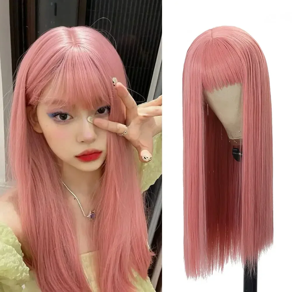 

Pink Long Straight Synthetic Wig Air Fringe White Woman Daily Cosplay Party Heat Resistant Full Headgear For Halloween