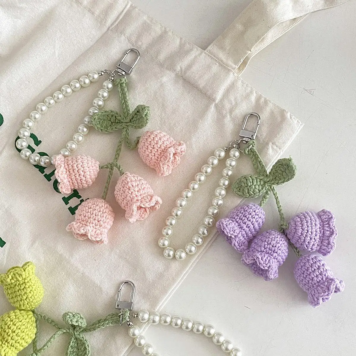 Sweet Pearl Wool Crochet Lily Of The Valley Keychain Girls Bag Pendant Cute Korean Flower Keyring Buckle Chain Jewelry