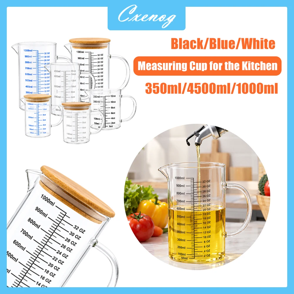 350/500/1000ML Glass Measuring Cups Kettle Kitchen Milk Tea with Lid and Handle Lab High-borosilicate lass Beaker Measuring Mug