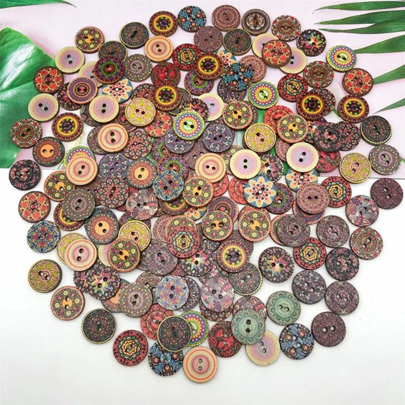 100pcs Round Two-Holes Vintage Buttons 15mm For Clothes Decoration Mixed Color Wooden Buttons DIY Sewing Supplies