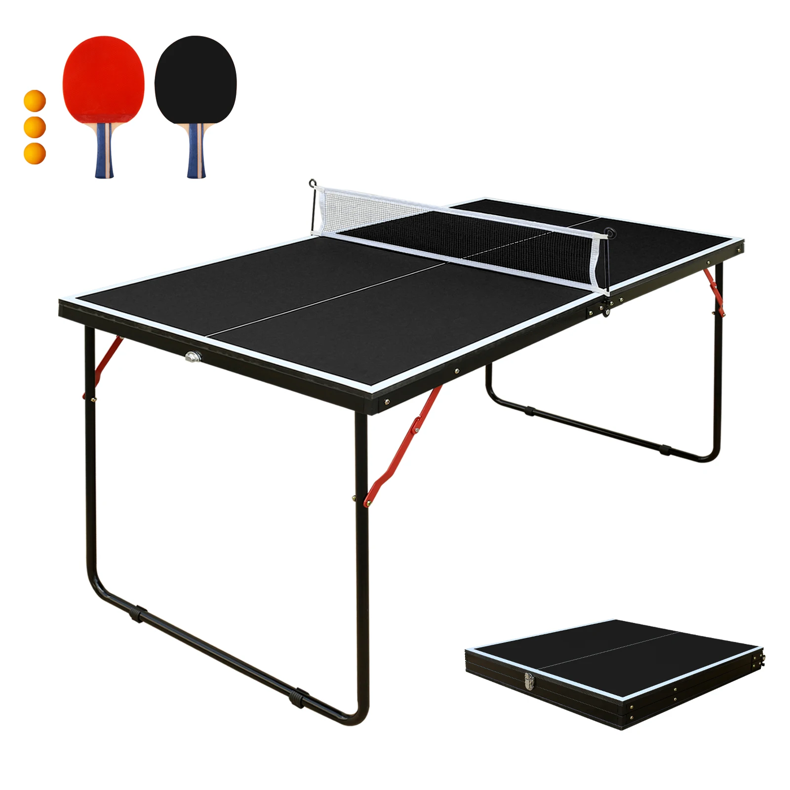 

4.5 ft Black Foldable Table Tennis Table Set, Portable Ping Pong Table with Net and 2 Paddles