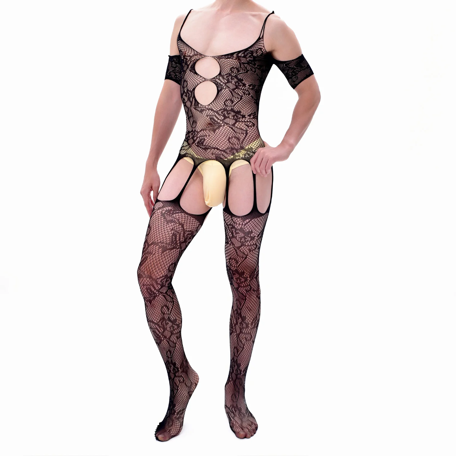 CLEVER-MENMODE Crotch Pantyhose Men Bodysuits Sexy Fishnet Lingerie Lace Mesh Nightwear Stockings Suspender Sissy Jumpsuit