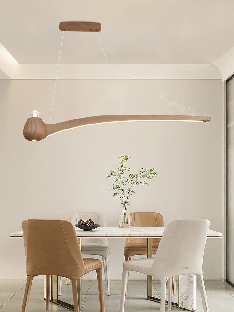 Chinese Solid Wood Long Linear Full Spectrum LED Pendant Lights Dimmable Indoor Hanging Lamps Kitchen Dining Living Room Office