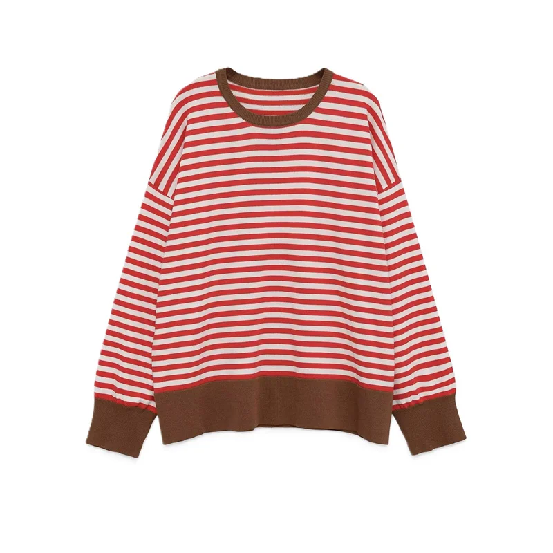 

Женский топ, осень 2024, Новое поступление, разноцветный полосатый топ с длинными рукавами, простой свободный вязаный топ с круглым вырезом, повседневная мода