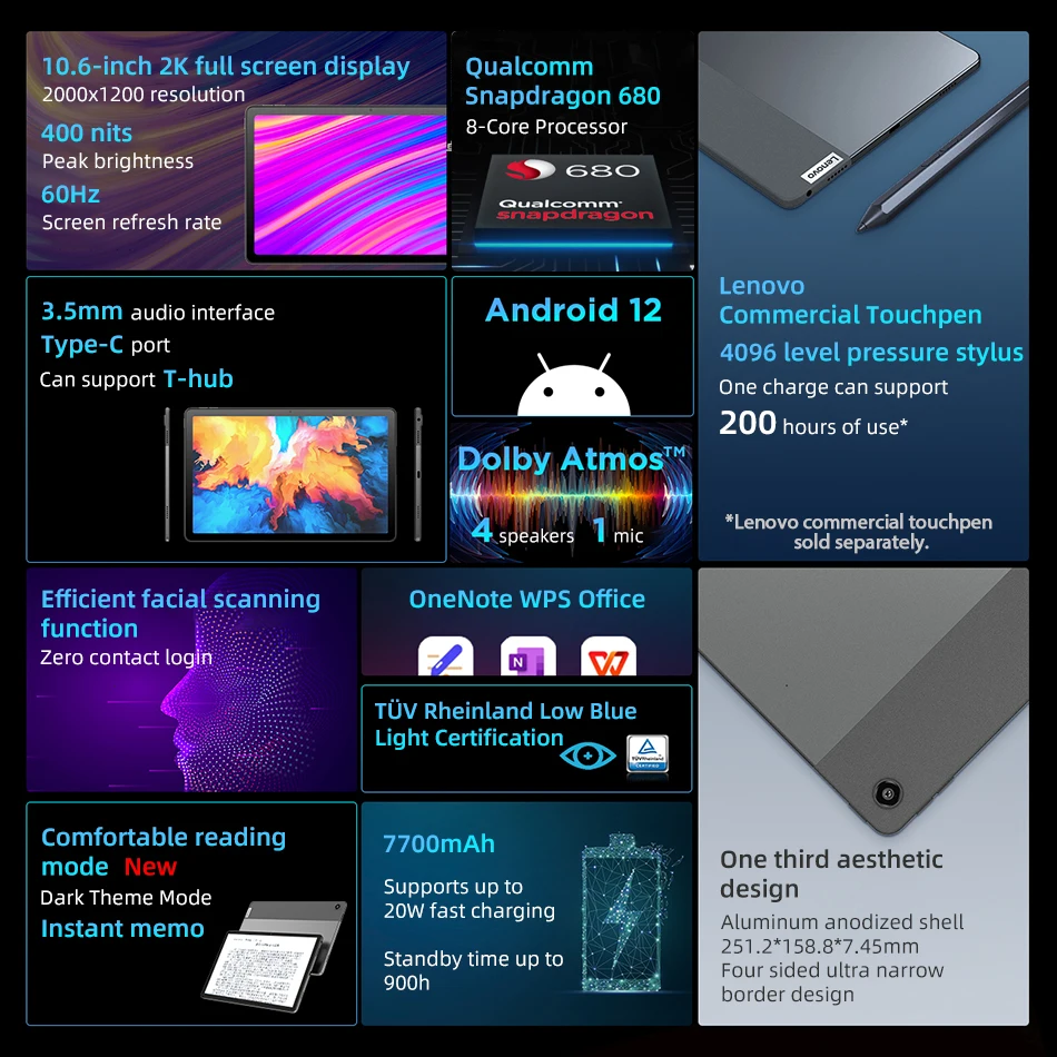 Lenovo K10 Pro Global Rom LTE Version TB226XC 6GB 128GB Qualcomm SDM 680 10.6'' 2K Display 7700mAh Battery Android 12 Tablet PC