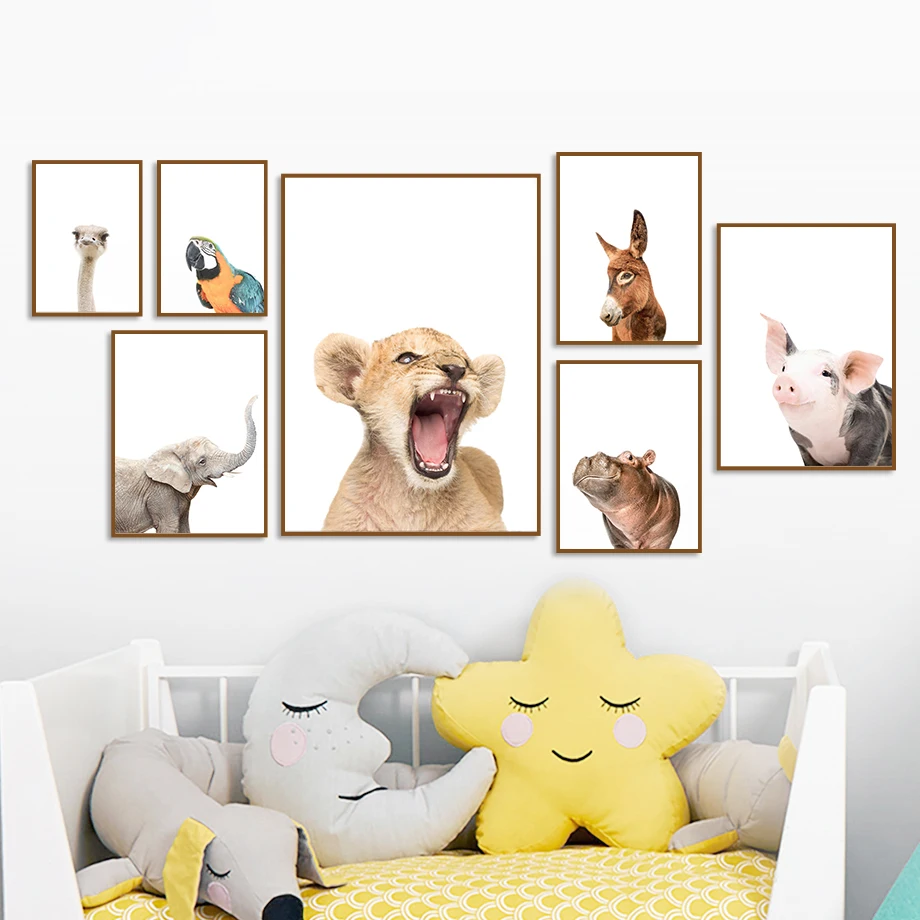 Cute Lion Hippo Parrot Elephant Ostrich Pig Wall Art Canvas Painting Nordic Posters And Prints Wall Pictures For Kids Room Decor