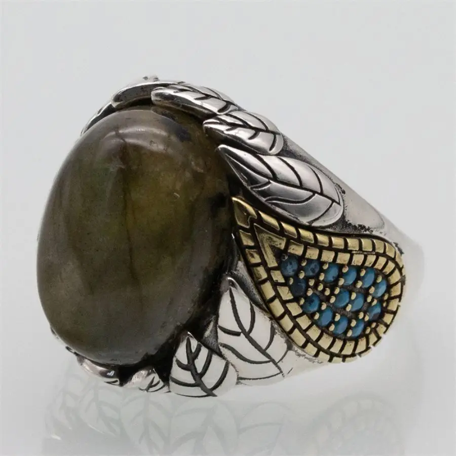 Real 925 Sterling Silver Italian Men Rings Wedding Fashion Rings Natural Labradorite Stone Handmade Vintage Ring