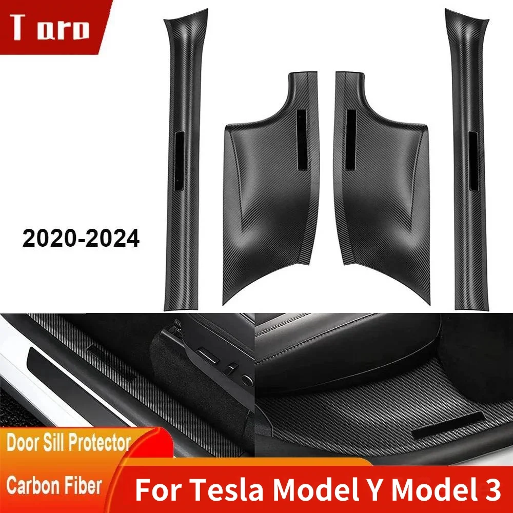 For Tesla Model Y&Model 3 Door Sill Protector Scuff Plates Matte Carbon Fiber ABS Front and Rear Door Car Pedal Kick Protection