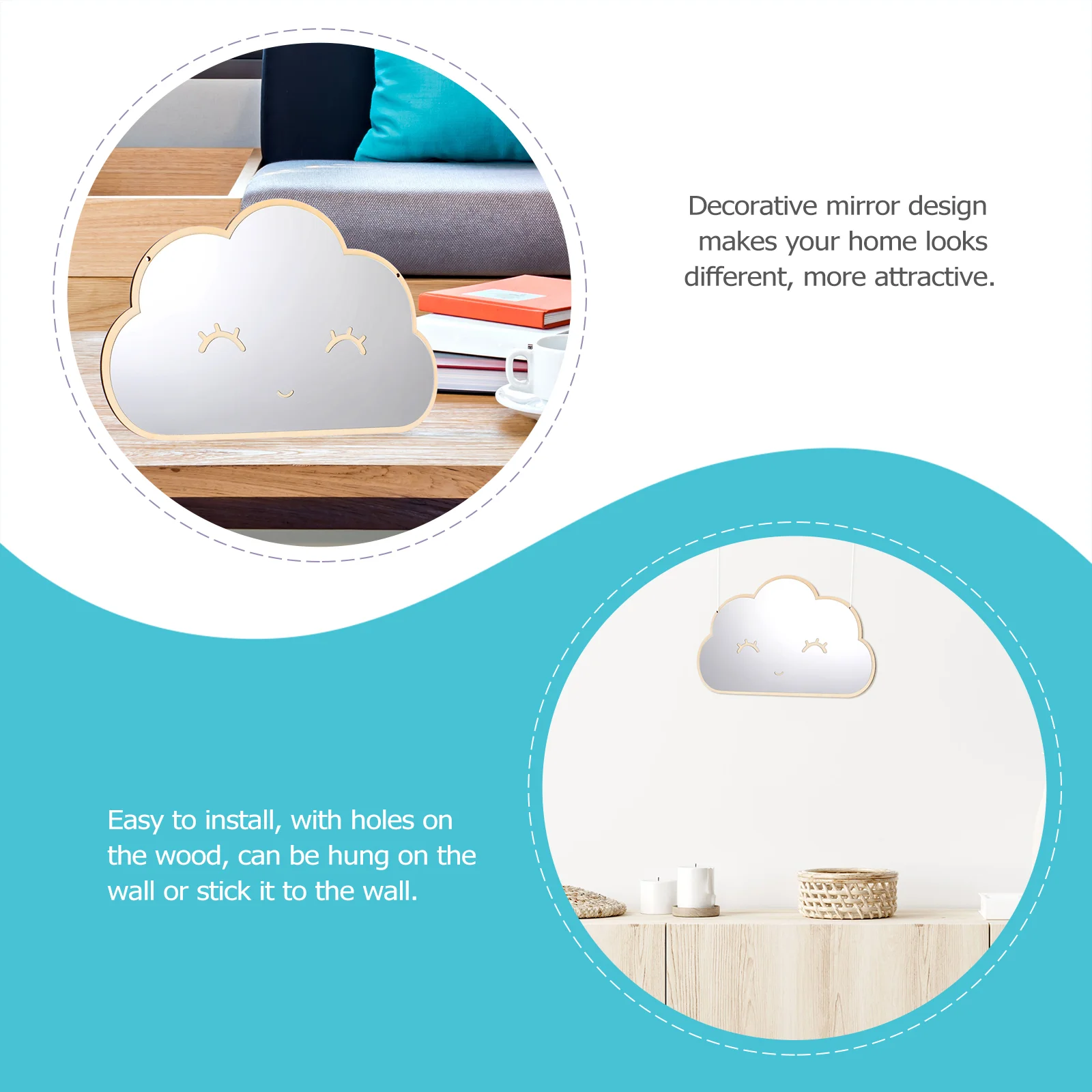 Espejo acrílico de madera, espejo de nube con sonrisa, espejo decorativo, espejo de pared para habitación de niños, decoración del hogar