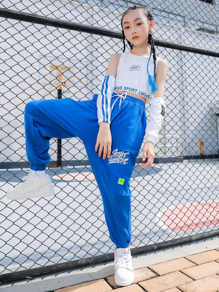 Hosen Ballsaal moderne Tanz kleidung Hip-Hop Street Wear Kinder Mode Tops für Mädchen Jazz Tanz Kostüm Blue Hip Hop