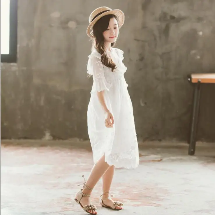 2024 Summer Girls Lace mesh V neck Dress Flare Half Sleeve Ruffle Children Party Wedding Baby Princess Knee Vestidos 8 10 year