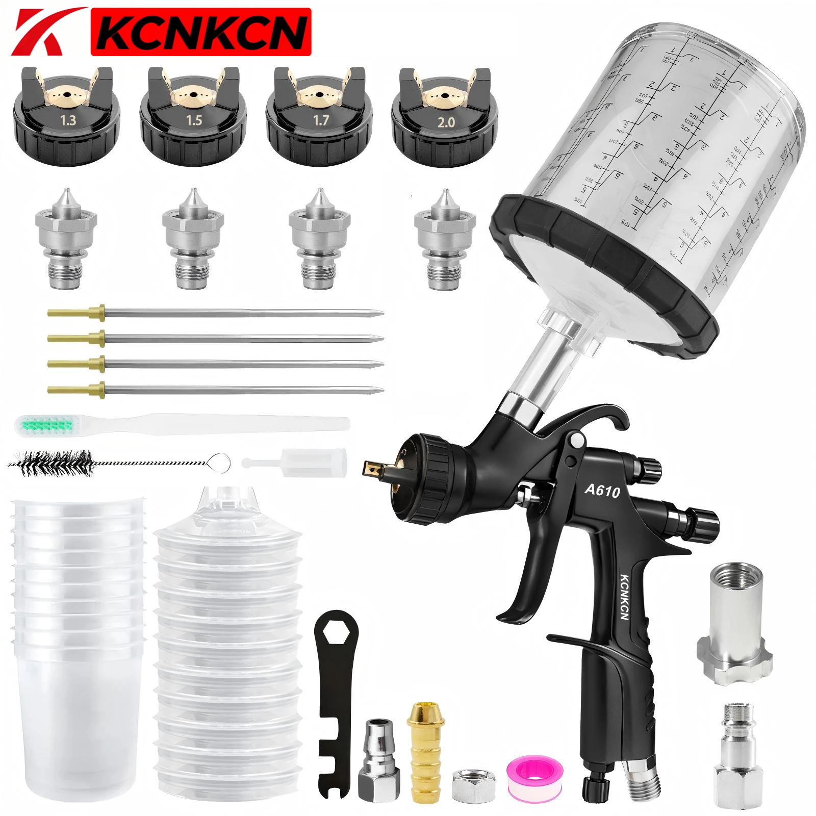 Professional A610 LVLP Spray Gun Air Paint Gun with 1.3/1.5/1.7/2.0mm Nozzle Options & 650ml Disposable Cup Automotive Tool Kit