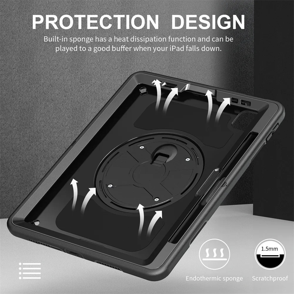 Heavy Duty Rugged Shockproof Cover For Apple iPad Air 11 2024 Rotating Stand Hand Strap Tablet Case For iPad Air 4 5 10.9 Air6