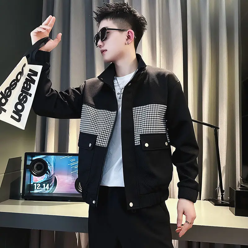 Fashion Loose Zipper Pockets Spliced Houndstooth Jackets Men\'s Clothing 2023 Autumn Winter Oversized Korean Tops Casual Coats