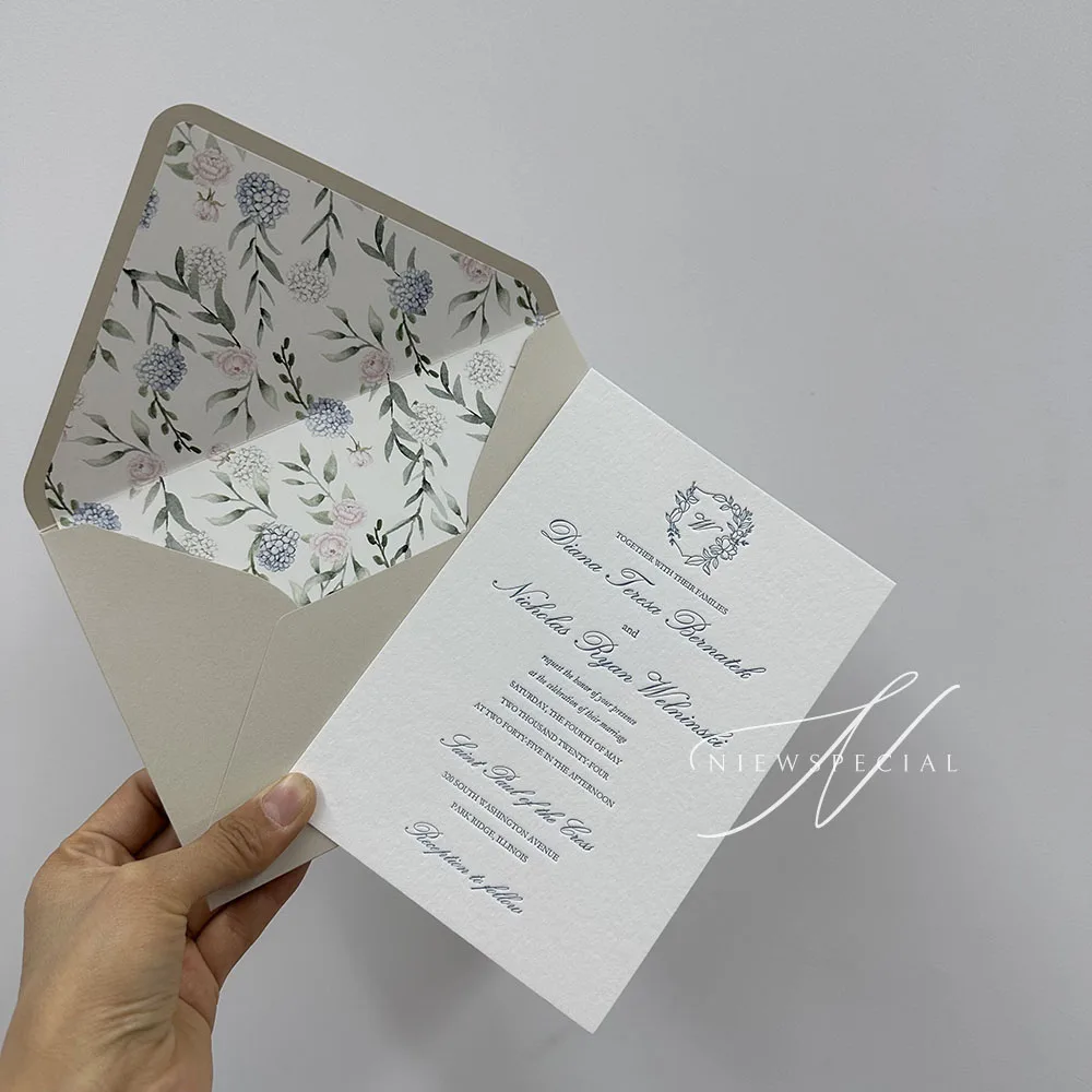 Chic Blue Letterpress Wedding Invitation Cards, Cotton Wedding Invitations with Beautifully Patterned Envelope Lining