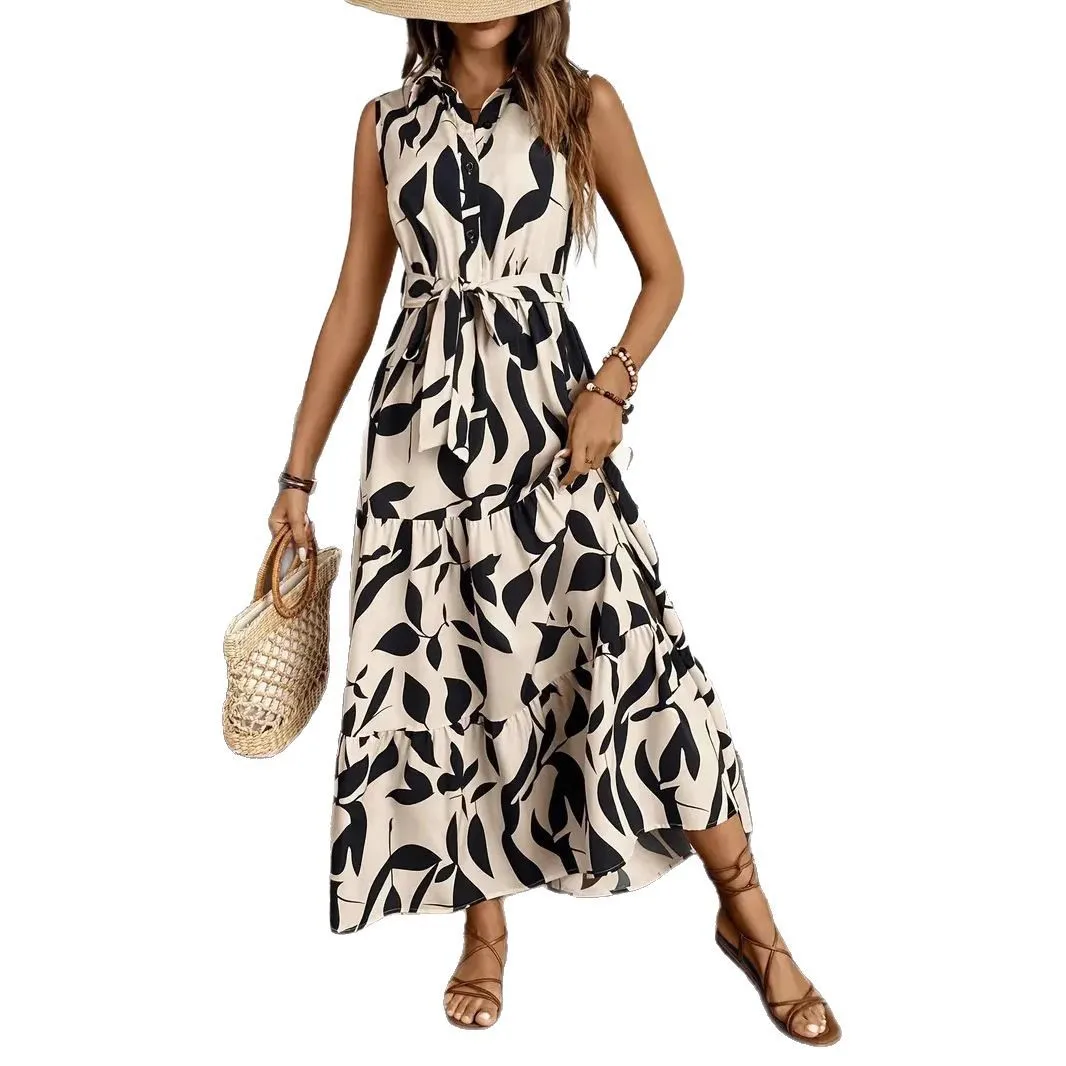 Chemise imprimée sans manches pour femmes, col rabattu, boutons, à lacets, décontractée, élégante, taille, col en V, à volants, ligne A, ample, surdimensionnée, robe de soirée