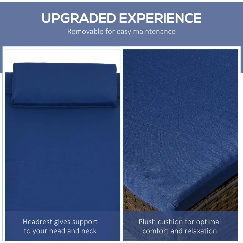 Wicker Outdoor Chaise Lounge, 5-Level Adjustable Backrest PE Rattan Pool Lounge Chair with Wheels, Cushion & Headrest