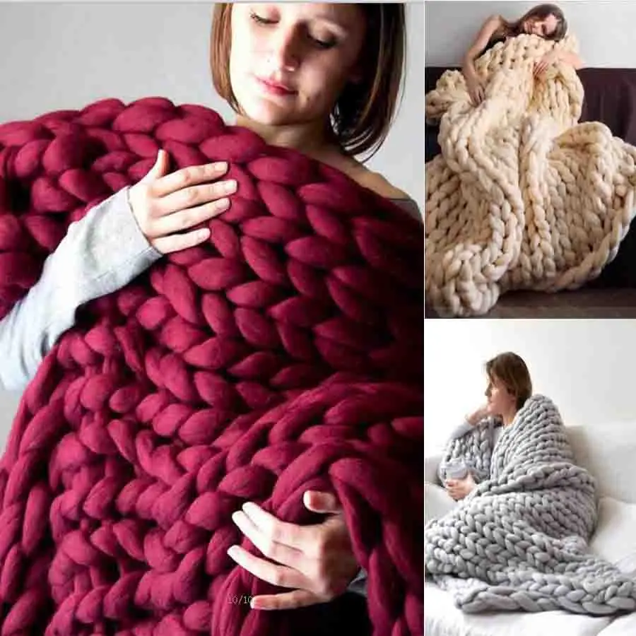 

Fashion Chunky Merino Wool Blanket Thick Big Yarn Roving Knitted Winter warm Throw Blankets sofa bed