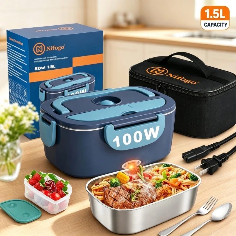 100W Fast‑Heating Electric Heated Lunch Box 1.5L, 304 Stainless‑Steel Leak‑Proof Portable Food Warmer, Home‑Office Travel Heating Bento Box with Insulated Carry Bag and Original Packaging Box