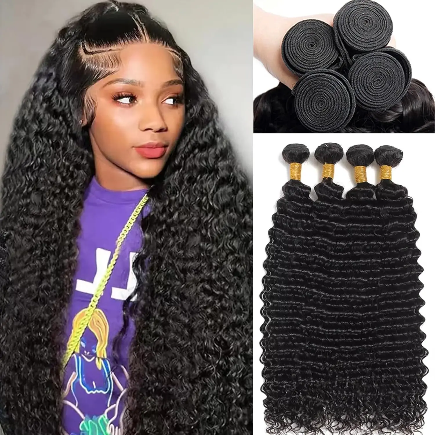 100% Unprocessed Virgin Hair Deep Wave 1/3/4 Bundles 12A Human Hair Deep Bundles Curly Extensions Double Weft Natural Color