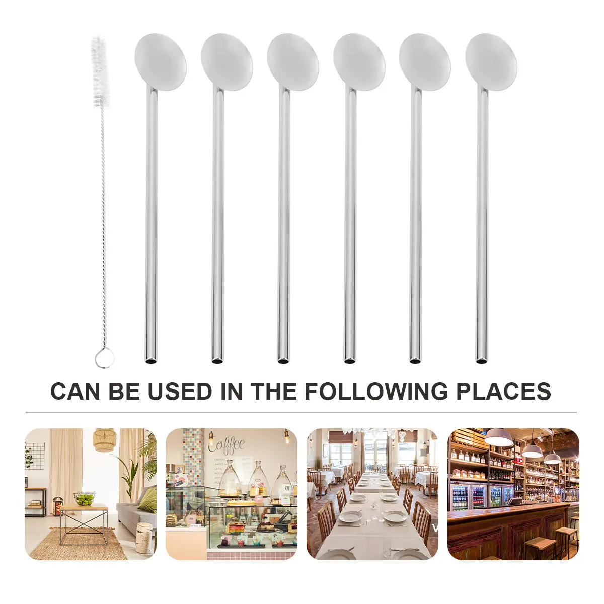 7Pcs Stainless Steel Straw Spoon Set Silver Long Handle Stirring Spoons Coffee Tea Dessert Mixing Bar Cocktail Reusable Metal