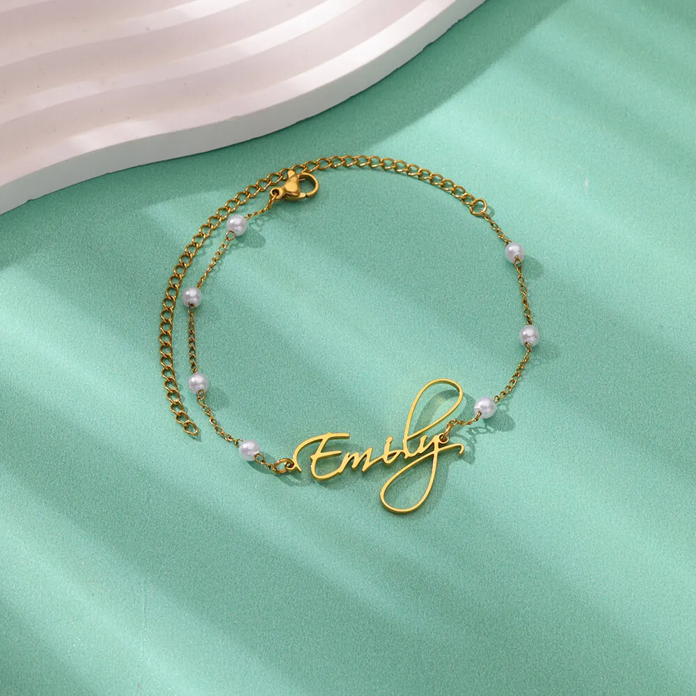 Personalized Anklet Custom Name Anklets for Women Kids Pearl Bead Stainless Steel Customized Letter Charm Holiday Jewelry Gift