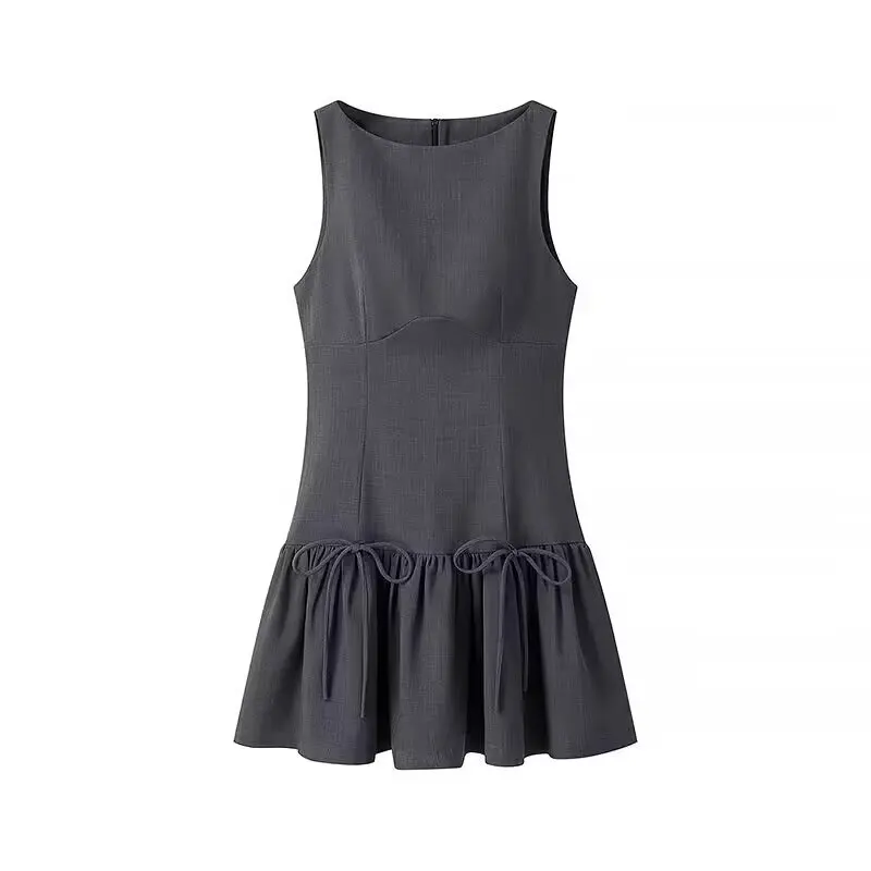 

Women's Solid Color Sleeveless Mini Dress O-Neck Slim Bodice Bow Lace Up Ruffle Hem Stylish Elegant Casual Outfit For Daily Wear