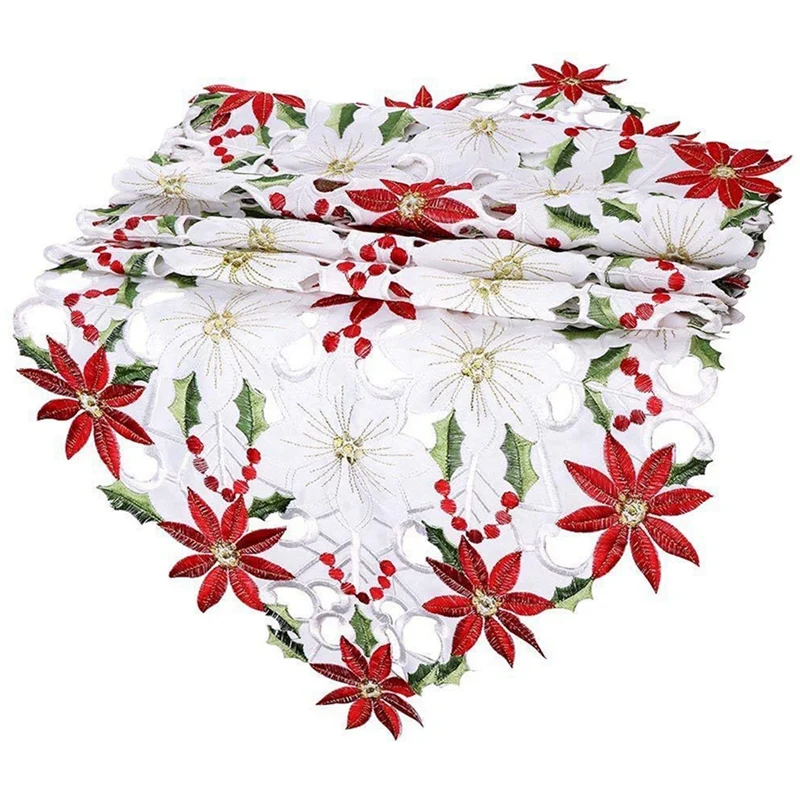 Christmas Table Runner Poinsettia Holly Leaf Embroidered Table Linens For Christmas Decorations 15 X 53 Inch