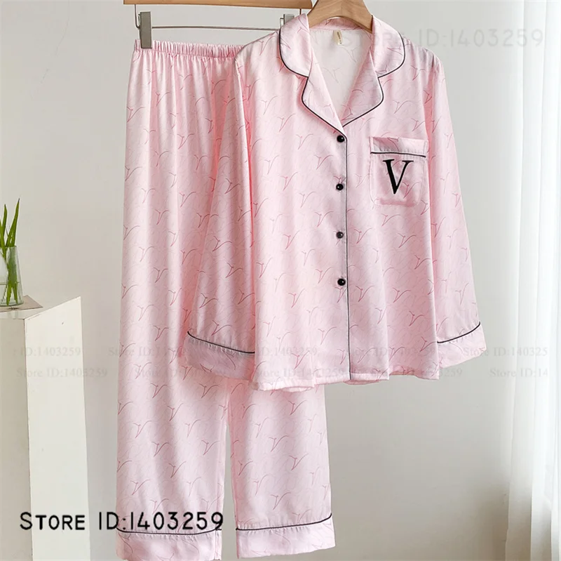 Elegant Silk Satin Women Pajamas Set Lounge Wear Sexy Lingerie Long Sleeve Trouser Pijamas Suit Loose Casual Sleepwear Homewear