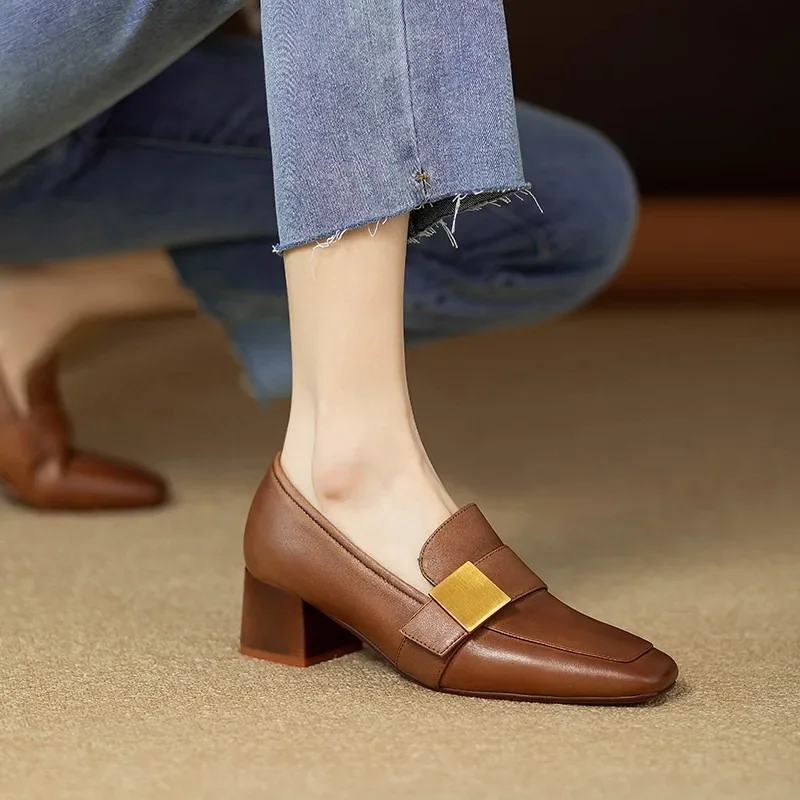 New Leather Women Fashion Pumps Square Toe Thick Heel Mary Jean Shoes Slip on Elegant Temperament Daily Shoes Handmade