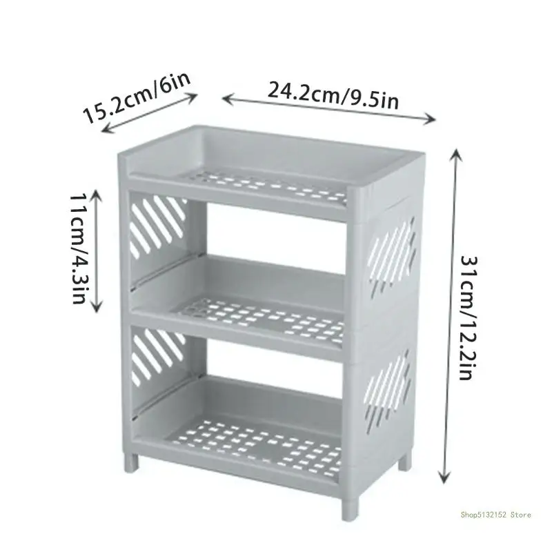 QX2E 3 Tier Hollow Out Plastic Shelf Foldable Desktop Storage Rack Countertop Cosmetic Holder Storage Tray Bathroom