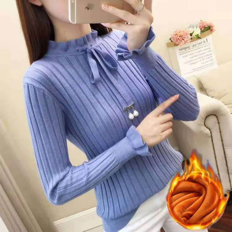 เสื้อผ้าผู้หญิงเสื้อสเวตเตอร์ผูกโบว์สําหรับผู้หญิงสไตล์เกาหลีแขนยาวเสื้อสวมหัวบาง BaseTurtleneck รักษาความอบอุ่นกันลม