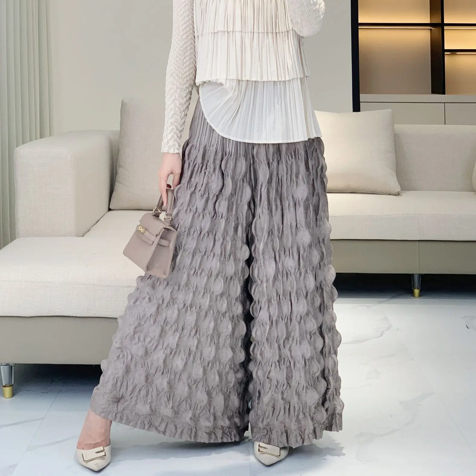 

Pleats Pleated Wide Leg Pants Casual Solid High Waist Thin Pants Female 2024 Fall New Large Size Bubble Wide Leg Pants Women