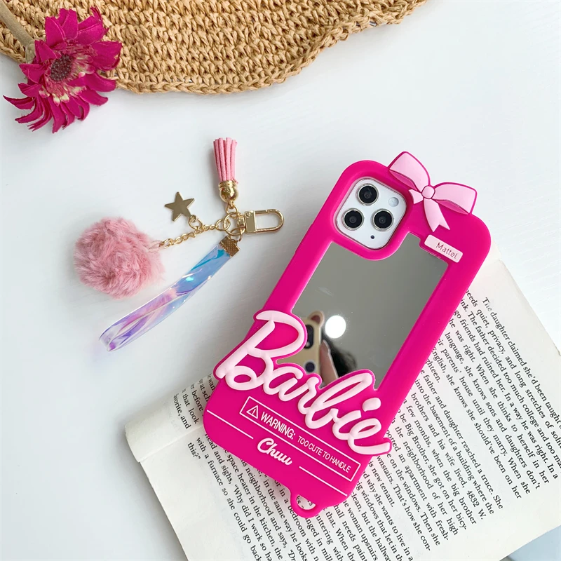 3D Barbie Soft Silicone Phone Case For iPhone 16 Pro 15 14 13 12 11 X Xr Xs Max 6s 7 8 Plus SE Mini With Mirror Pink Girl Cover