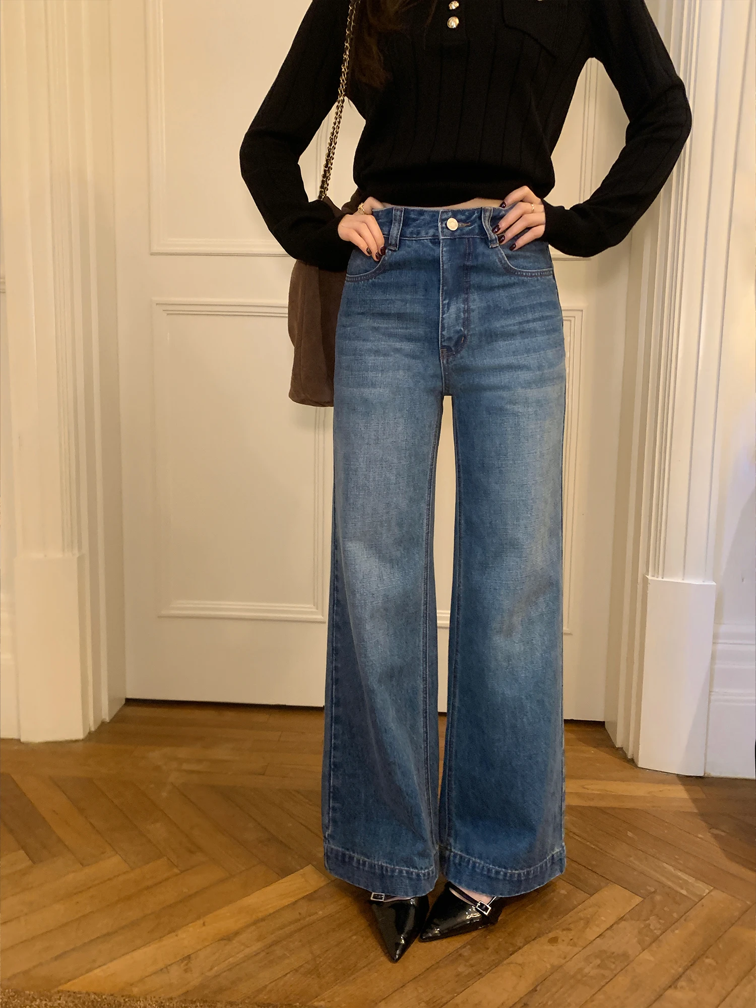 Pusumede Retro Twill Wide Leg Jeans Women Low Waist Loose Straight Casual Long Trousers Comfortable Cotton Ladies Jeans