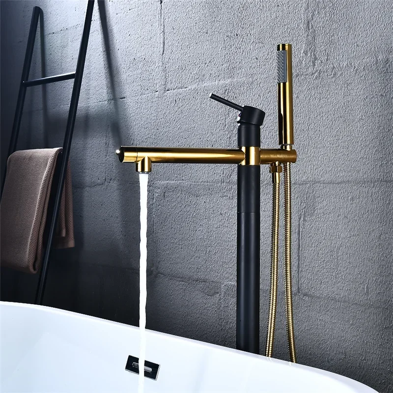 

Black Floor Standing Faucet White Stand Bathtub Mixer Handshower Head Bath Mixer Shower