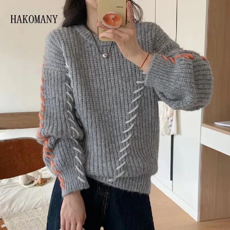 

CHIC Coarse Knitting Sweater Round Collar Threading Rope Striped Pullover Knitwear Long Sleeve Loose Jumper Gray 4 colors