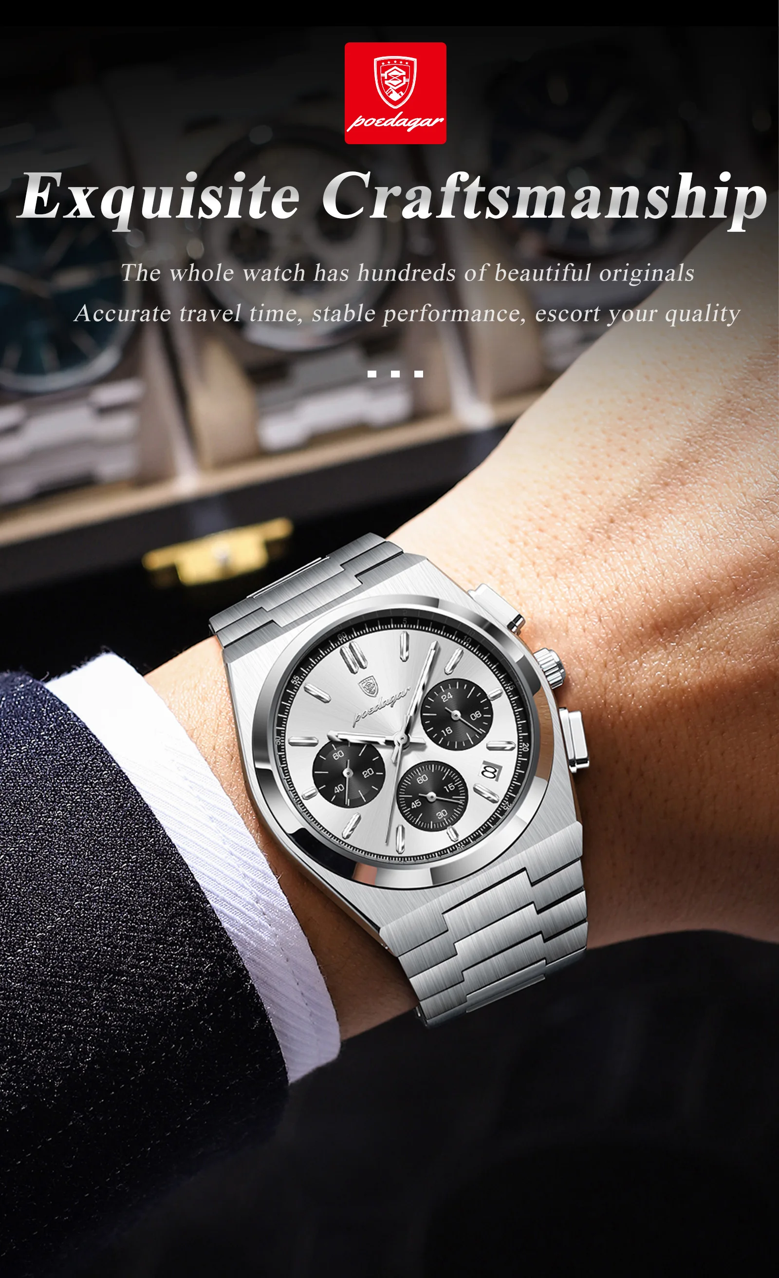 POEDAGAR Top Business Herrenuhr Chronograph Datum Edelstahl Klassische Männeruhr Wasserdicht Leuchtend Quarzuhren für Herren – Detail 6