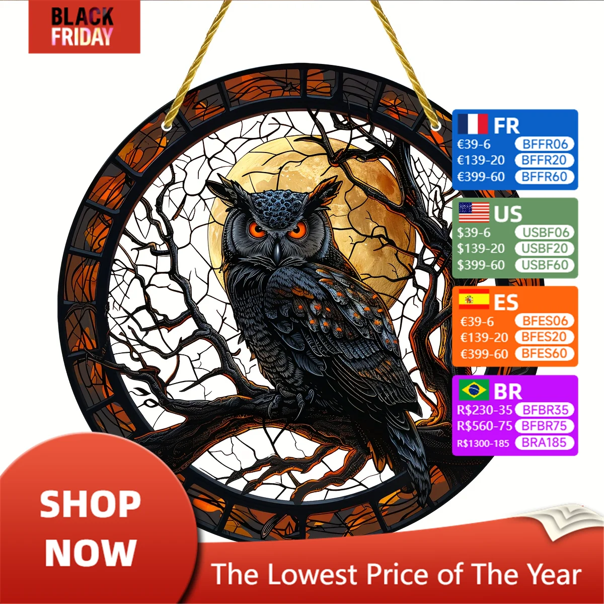 

Owl and Moon Charm - Acrylic Art, Suitable for Home, Garden, Yard Decor-Ideal Gift for Bird Lovers-Halloween Themed Animal Charm