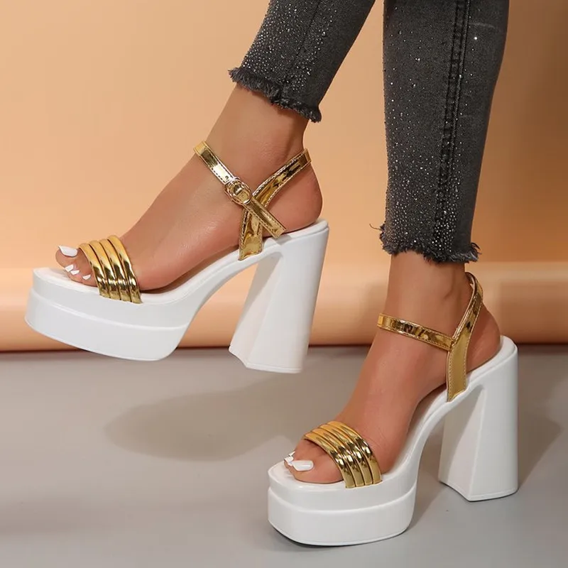 2026 Chunky High Heels Summer Square Toe Platform Sandals For Women Europe and America Gold Hollow out Buckle Strap Party Shoes view 3
