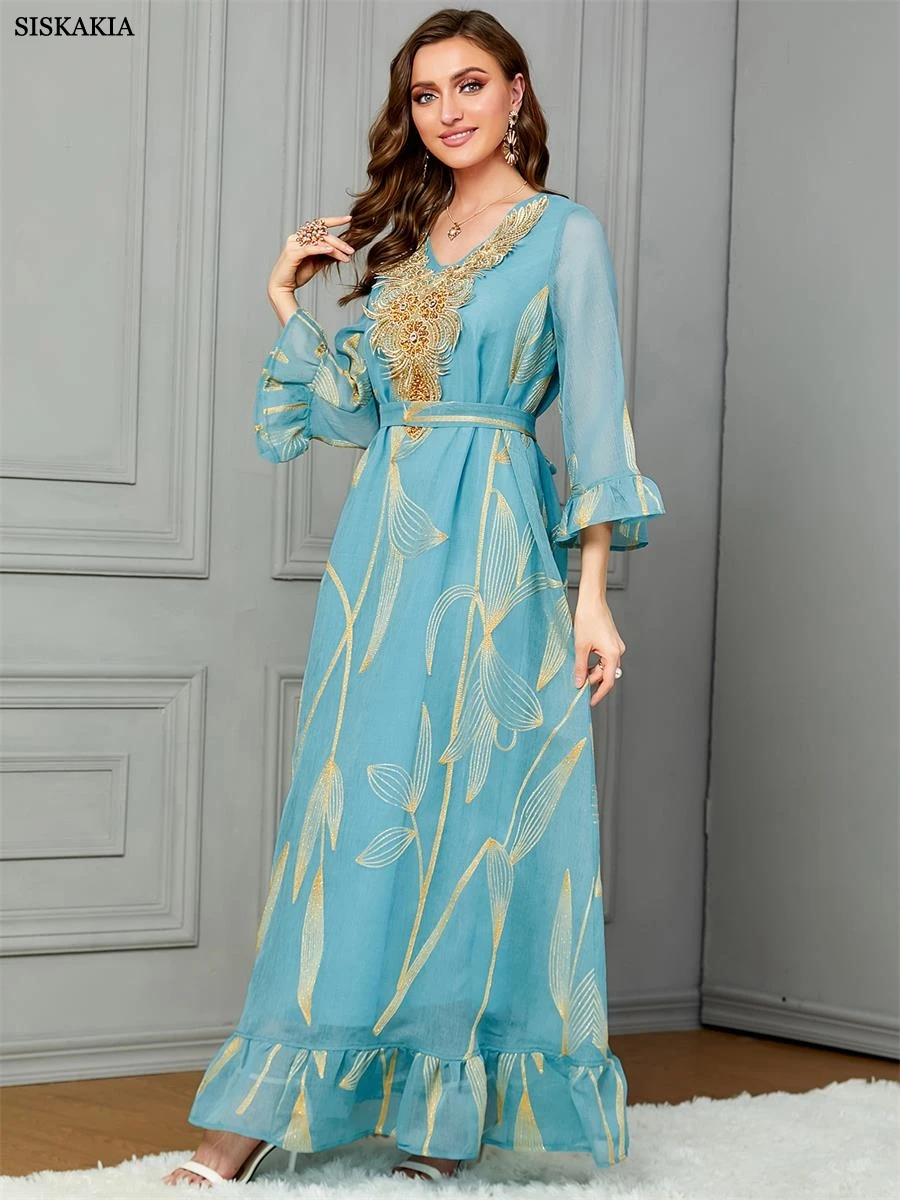 Siskakia Fashion Floral Sequins Gold Embroidery Guipure Lace Dress With Sashes Flare Sleeve V-Neck Elegant Robe For Dubai Women