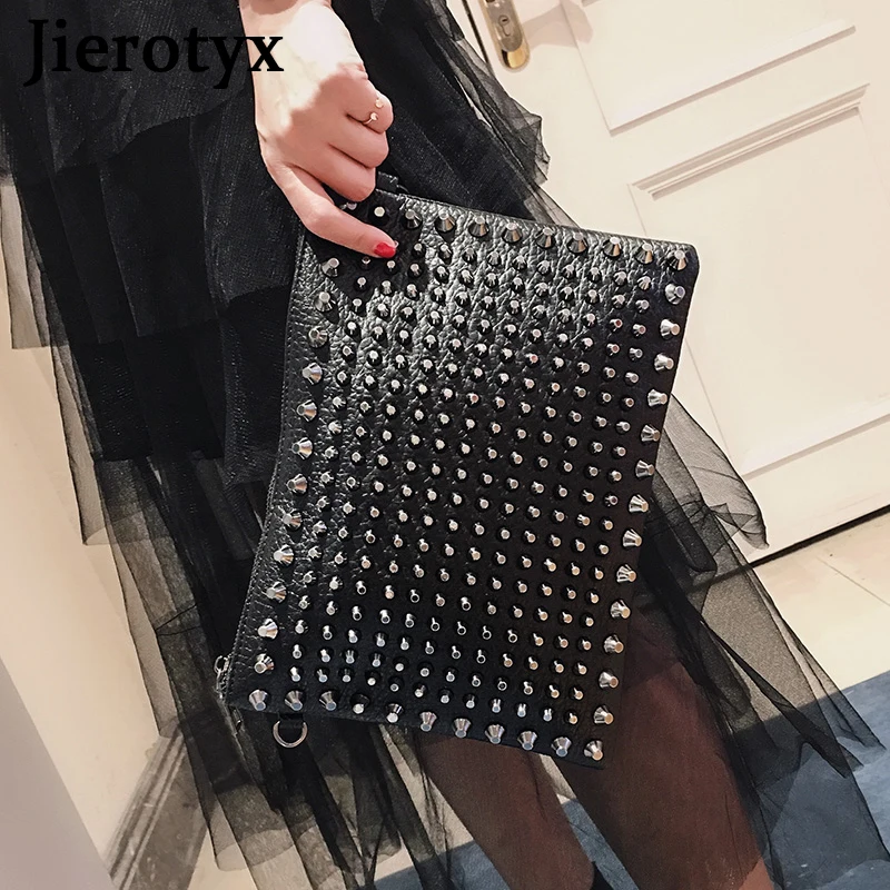 JIEROTYX Evening Clutch Bags for Women Luxury Brand Punk Rock Style Rivet Shoulder Envelope Bag Unisex Black Leather Handbags